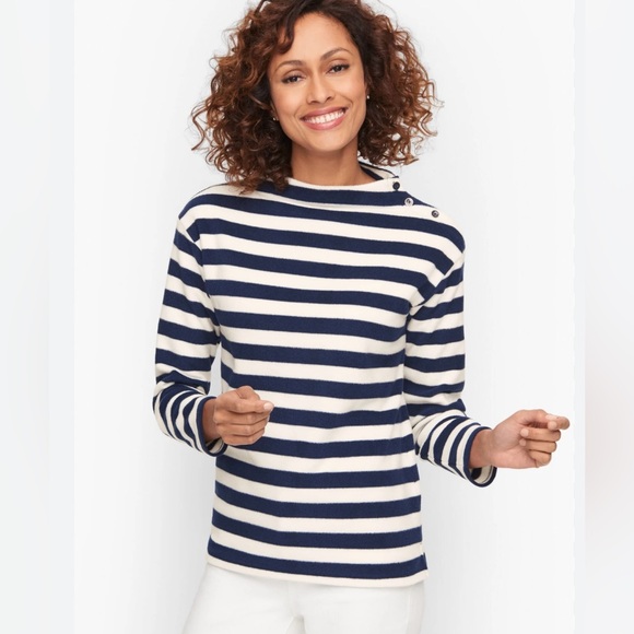 Talbots Tops - TALBOTS Gold Button Shoulder Pullover 3/4 Sleeve Classic Black White Stripe Prep